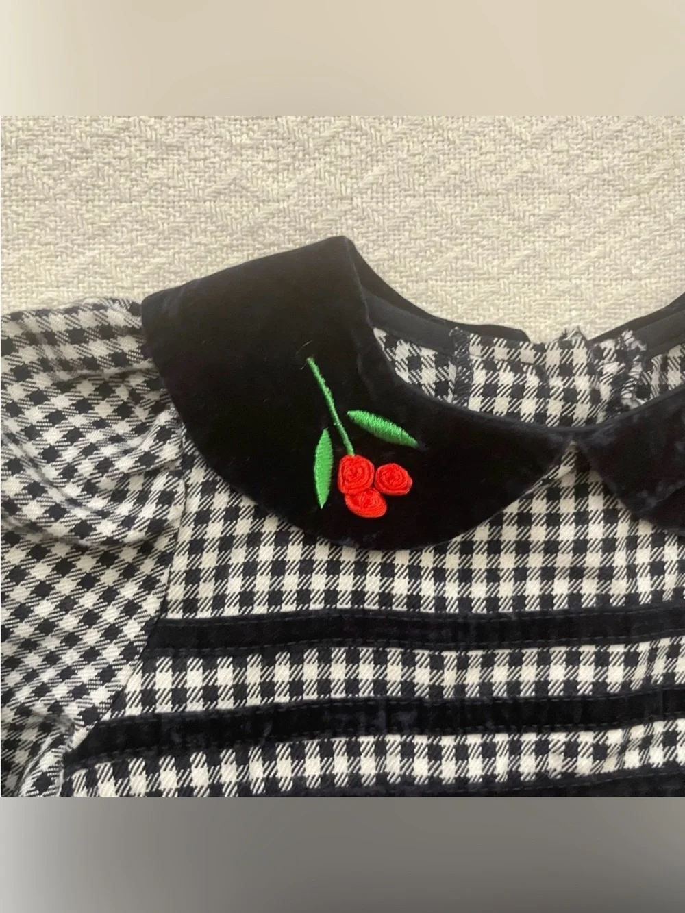 Rare Editions Vintage Black White Checkered Dress Velvet and Embroidered Accents